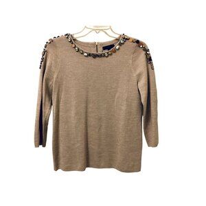 Women's J.Crew Crewneck Jeweled Beaded Neckline Stones Beige Sweater